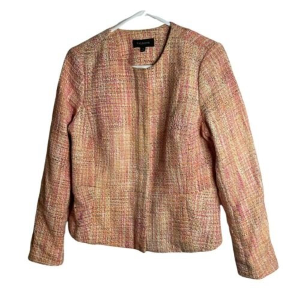Talbots Tweed Zip Up Blazer Jacket Womens Size 10 Pink Round Neck Lined